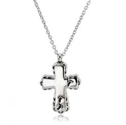 Stainless steel cross cremation pendant with a mother-of-pearl centre on a chain