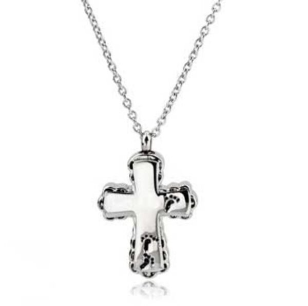 Stainless steel cross cremation pendant with a mother-of-pearl centre on a chain