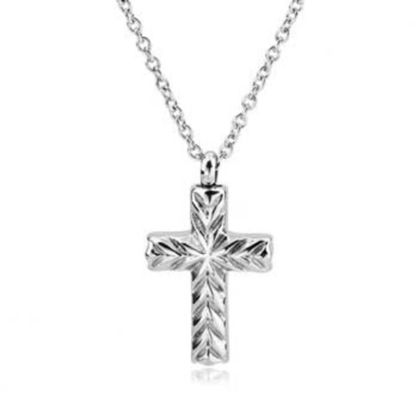Stainless steel engraved cross cremation pendant on a chain