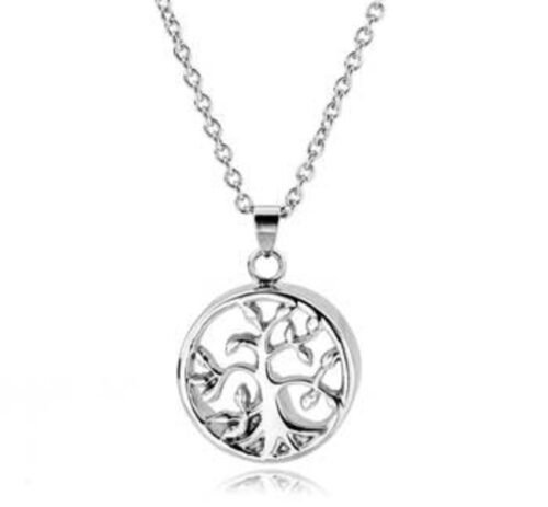 Silver-tone round tree of life cremation pendant on a chain