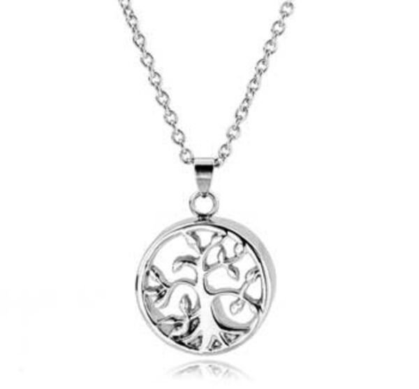 Silver-tone round tree of life cremation pendant on a chain