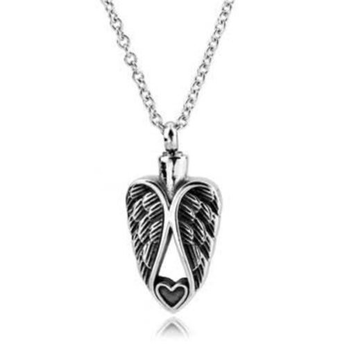 Stainless steel angel-wings cremation pendant with a heart on a chain