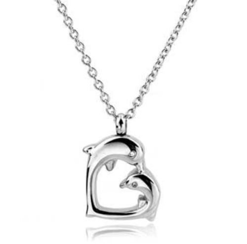 Stainless steel heart cremation pendant with two dolphins on a chain