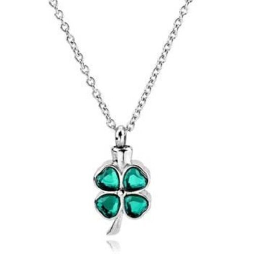 Silver-tone four-leaf clover cremation pendant with green crystal hearts on a chain