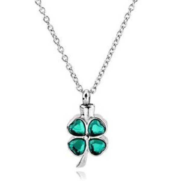 Silver-tone four-leaf clover cremation pendant with green crystal hearts on a chain