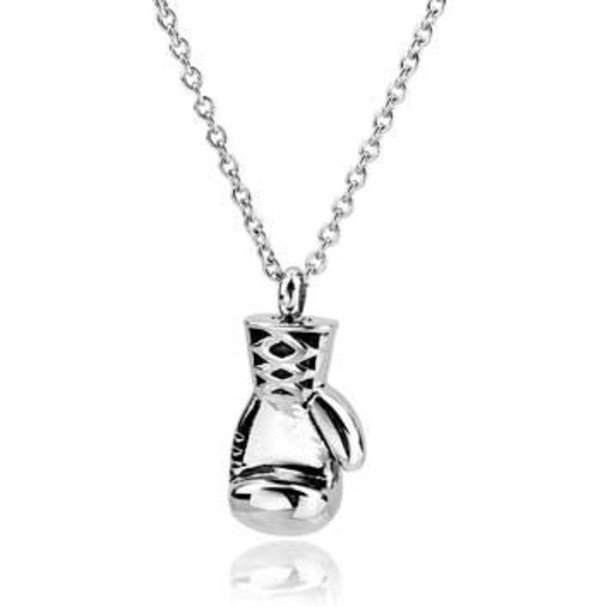 Stainless steel boxing glove cremation pendant on a chain