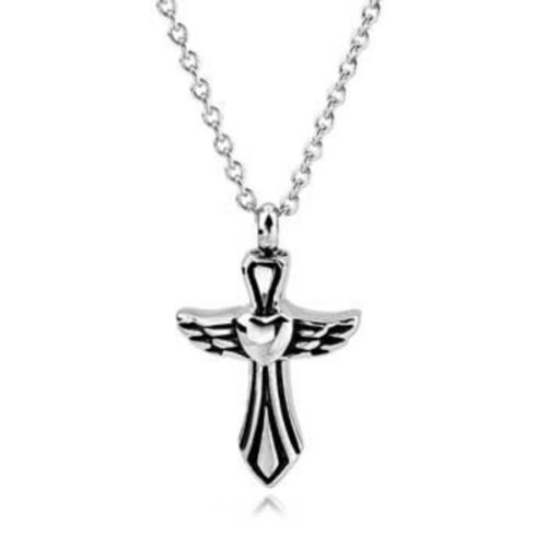 Stainless steel winged cross cremation pendant with a heart on a chain