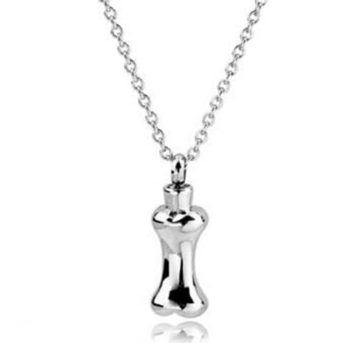 Stainless steel dog bone cremation pendant on a chain