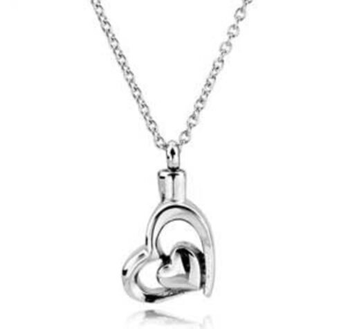 Stainless steel interlocking double-heart cremation pendant on a chain