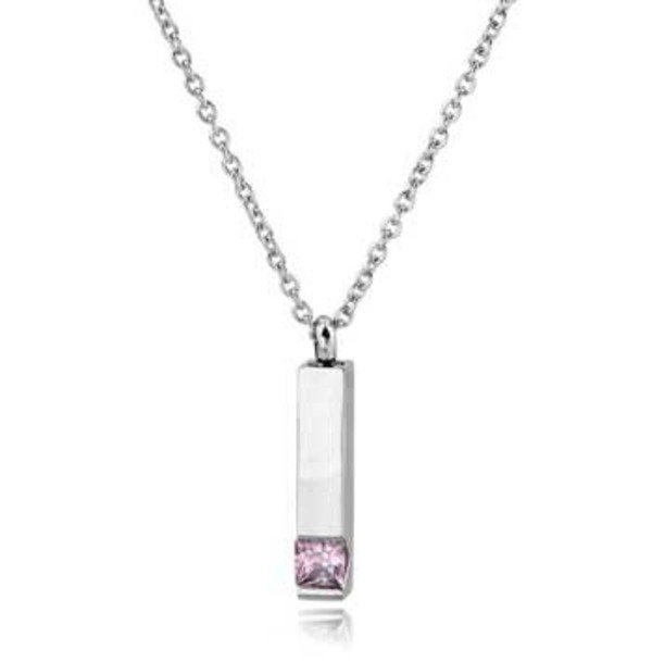 Stainless steel bar cremation pendant with a mother-of-pearl inlay and a pink crystal on a chain