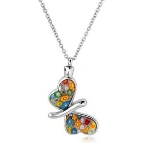 Silver-tone heart cremation pendant with colourful millefiori glass inlay on a chain