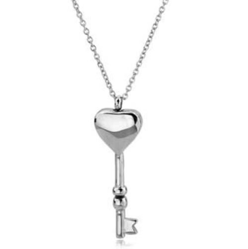 Stainless steel heart-topped key cremation pendant on a chain