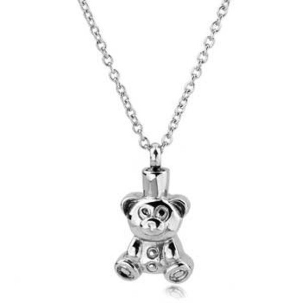 Stainless steel teddy bear cremation pendant with crystal accents on a chain
