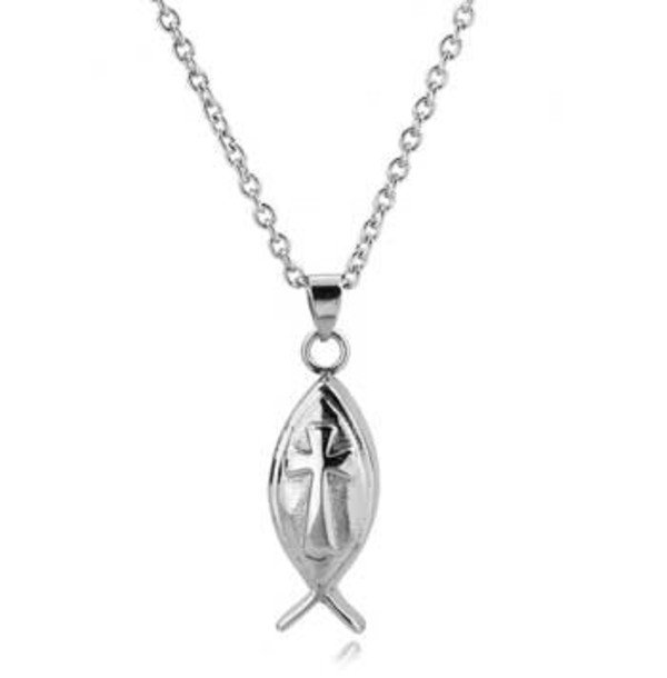 Stainless steel ichthys fish cremation pendant with an engraved cross on a chain