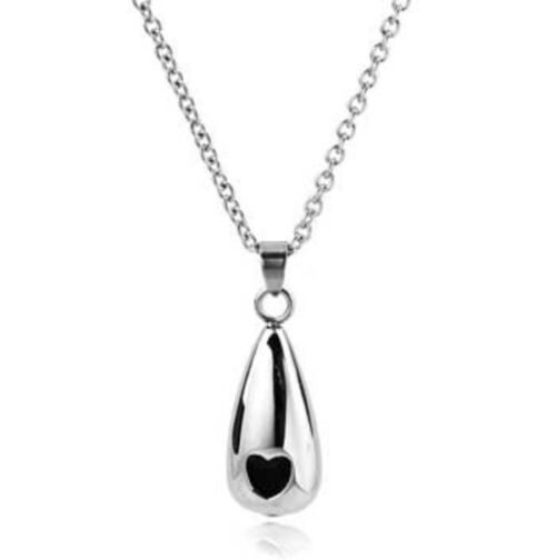 Stainless steel teardrop cremation pendant with a black heart on a chain