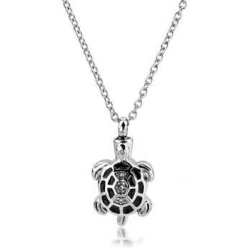 Stainless steel sea turtle cremation pendant with crystal accents on a chain