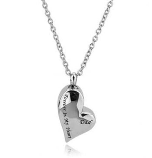 Stainless steel heart cremation pendant engraved 'Forever in my heart' on a chain