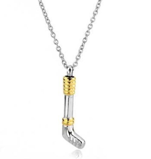 Stainless steel and gold-tone hockey stick cremation pendant on a chain