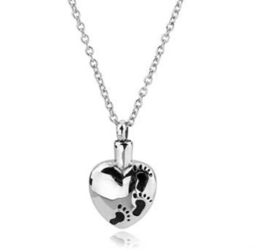 Stainless steel heart cremation pendant with engraved baby footprints on a chain