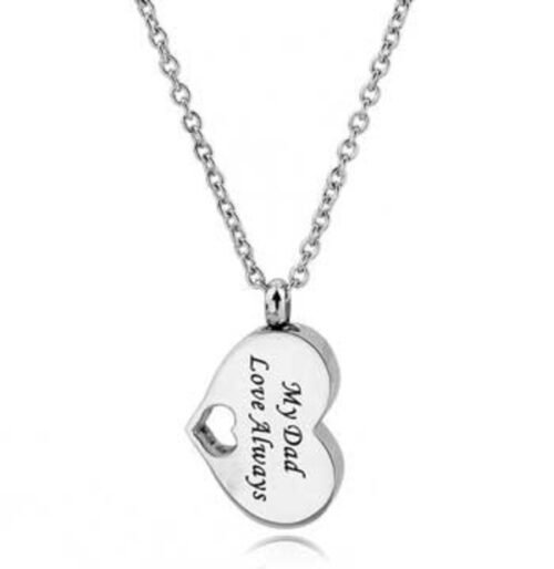 Stainless steel heart cremation pendant engraved 'My Dad' with a heart cutout on a chain