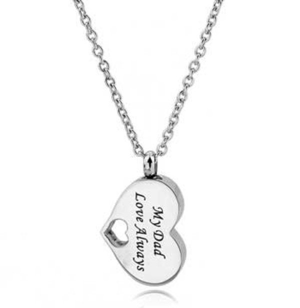 Stainless steel heart cremation pendant engraved 'My Dad' with a heart cutout on a chain