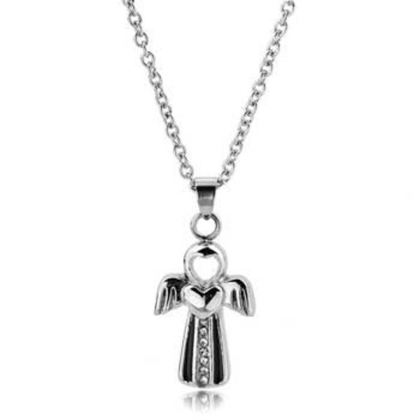Stainless steel angel cremation pendant with a heart and crystal accents on a chain