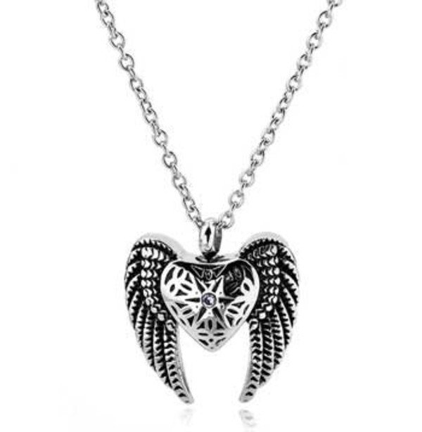 Silver-tone winged-heart cremation pendant with angel wings on a chain