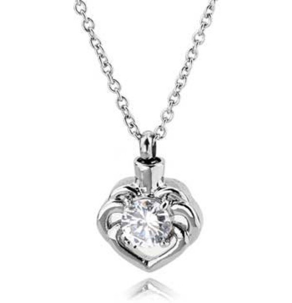 Silver-tone heart cremation pendant set with a clear crystal on a chain