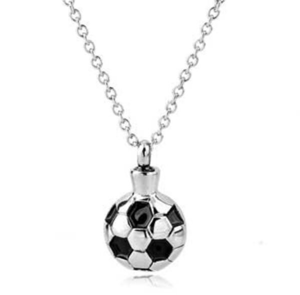 Stainless steel soccer ball cremation pendant on a chain