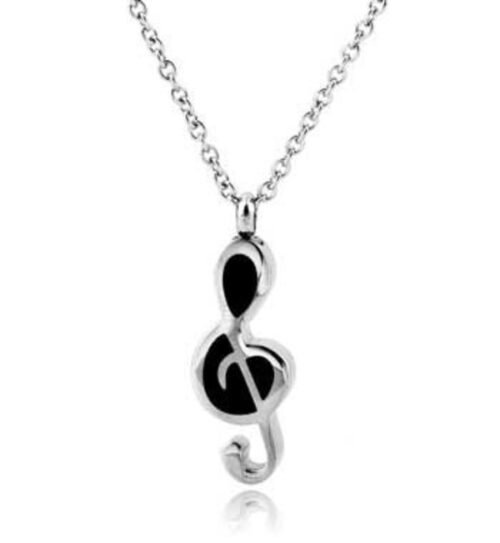 Silver-tone musical treble-clef cremation pendant with black inlay on a chain