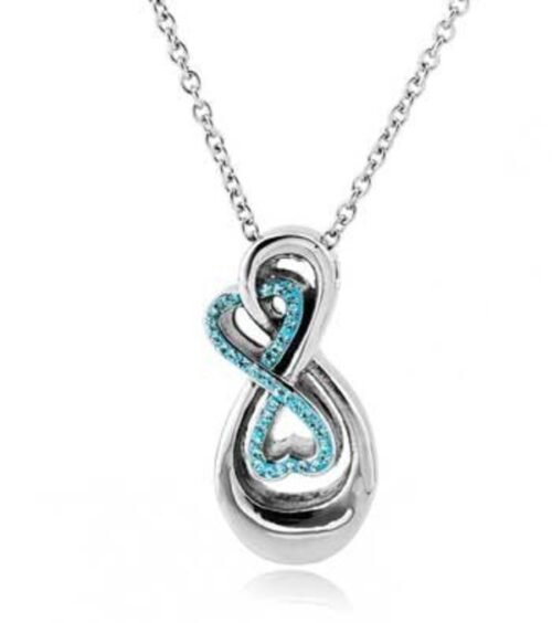 Silver-tone infinity cremation pendant with two blue crystal hearts on a chain