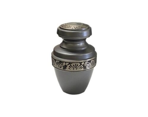 Grey metal keepsake urn with an engraved silver floral band