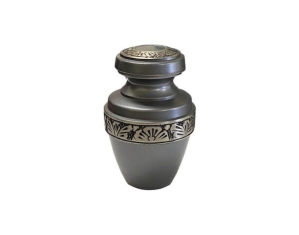 Grey metal keepsake urn with an engraved silver floral band