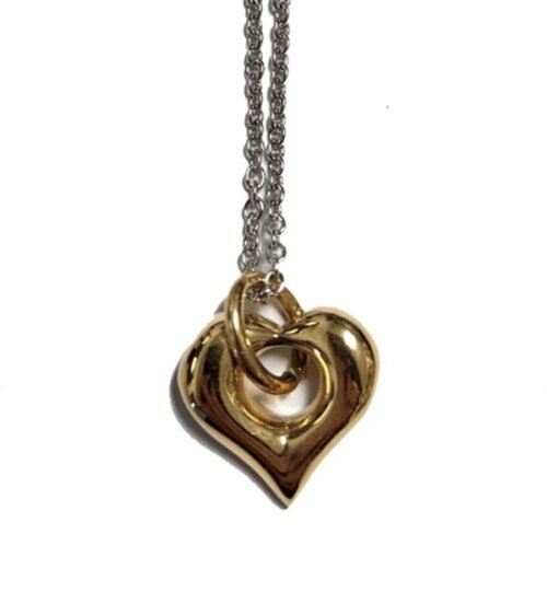 Gold-tone stainless steel heart cremation pendant with an interlocking ring design on a chain, model CMJ140