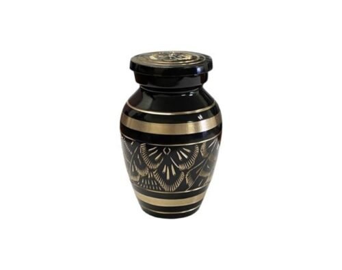 Black metal keepsake urn with engraved gold floral bands