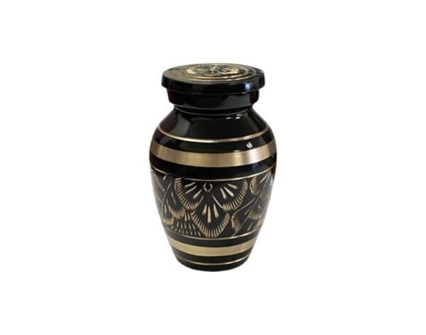 Black metal keepsake urn with engraved gold floral bands