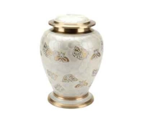Butterflies Pearl White Metal Urn MU147