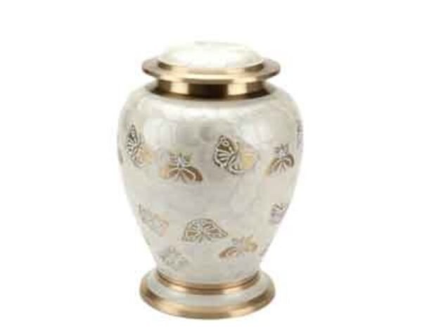 Butterflies Pearl White Metal Urn MU147