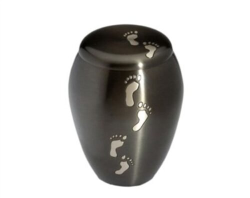 Pewter-finished infant urn with engraved baby footprints
