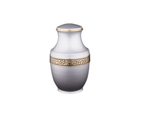 White and grey ombre metal keepsake urn with a gold floral band