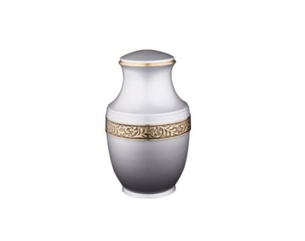 White and grey ombre metal keepsake urn with a gold floral band