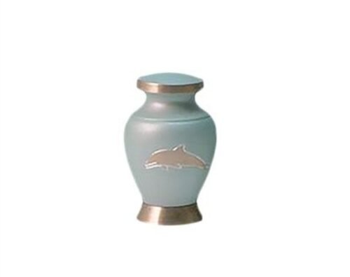 Pale blue metal keepsake urn with a silver dolphin and gold-tone base