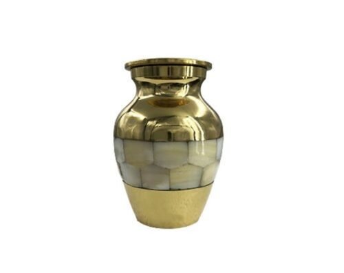 Brass keepsake urn with a mother-of-pearl mosaic band