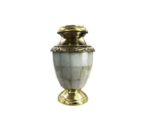 Brass keepsake urn with a mother-of-pearl mosaic body and engraved gold band