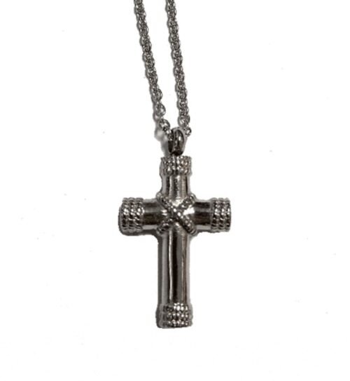Stainless steel cross cremation pendant with beaded detailing on a chain