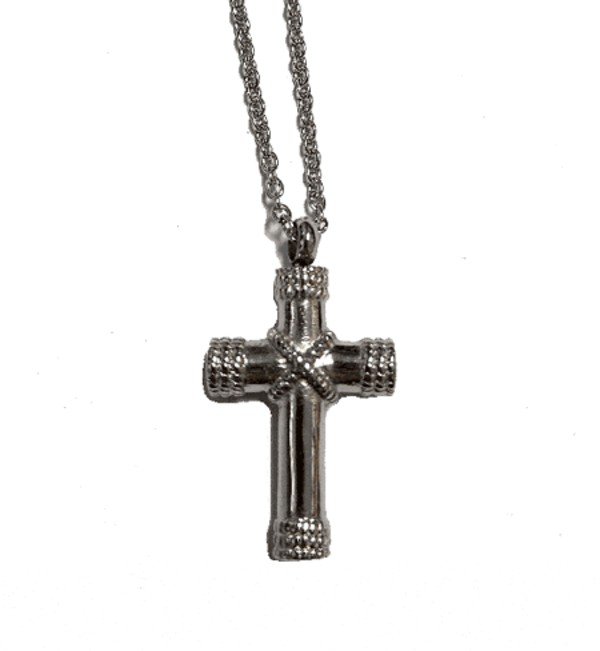 Stainless steel cross cremation pendant with beaded detailing on a chain