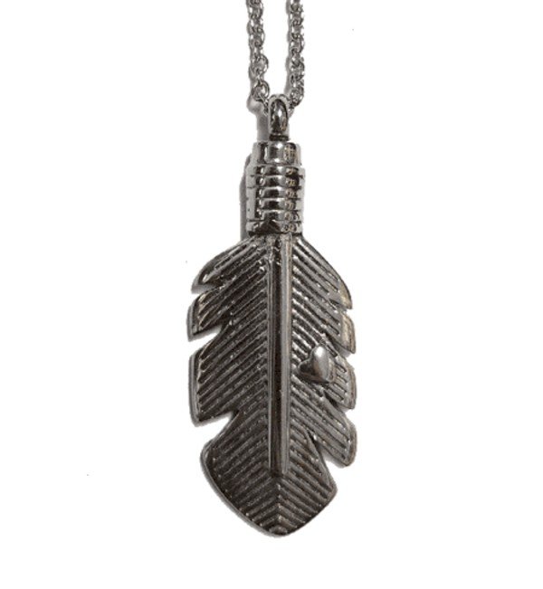 Stainless steel feather cremation pendant on a chain