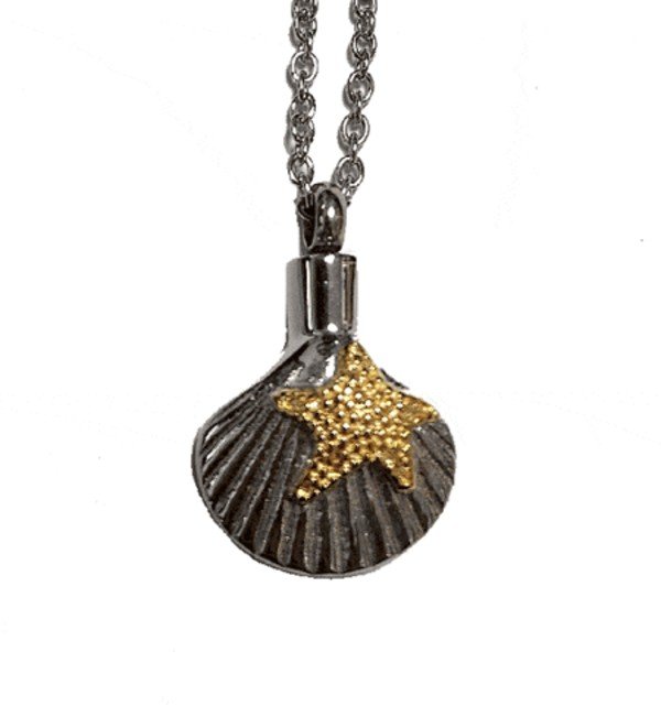 Stainless steel seashell cremation pendant with a gold starfish accent on a chain