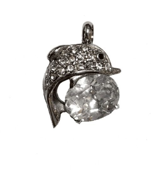 Silver-tone dolphin cremation pendant set with crystals and a clear gem