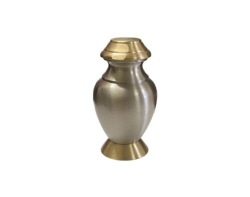 Silver pewter metal keepsake urn with a gold-tone lid and base